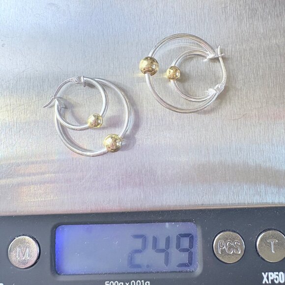 Two Tone Sterling Silver 925 Gold Bead Double Hoop Earrings Size 1" Length - Picture 5 of 7